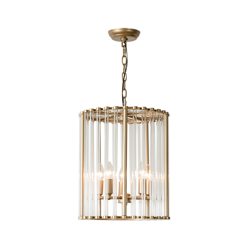 Cylinder Hanging Chandelier Modernist Crystal 3/5 Bulbs 10"/14" Wide Brass Pendant Light Fixture Clearhalo 'Ceiling Lights' 'Chandeliers' 'Modern Chandeliers' 'Modern' Lighting' 279014