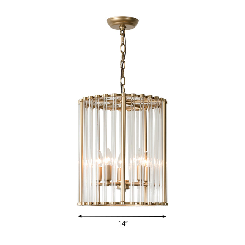 Cylinder Hanging Chandelier Modernist Crystal 3/5 Bulbs 10"/14" Wide Brass Pendant Light Fixture Clearhalo 'Ceiling Lights' 'Chandeliers' 'Modern Chandeliers' 'Modern' Lighting' 279016