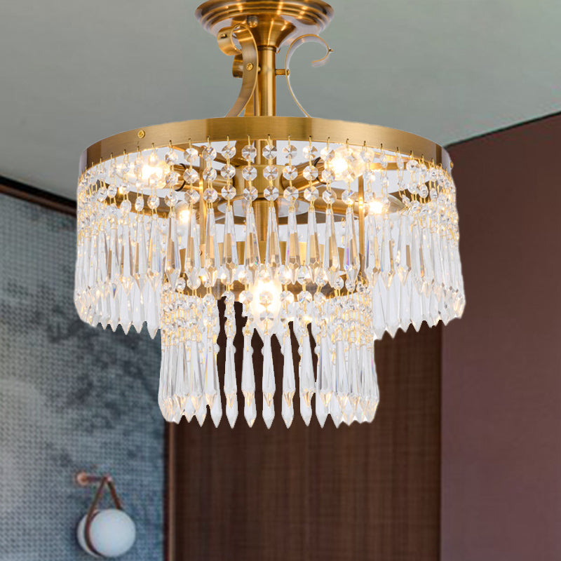 6 Bulbs 2-Layer Semi Flush Light Modernist Cut Crystal Close to Ceiling Lamp in Brass Clearhalo 'Ceiling Lights' 'Close To Ceiling Lights' 'Close to ceiling' 'Semi-flushmount' Lighting' 279025