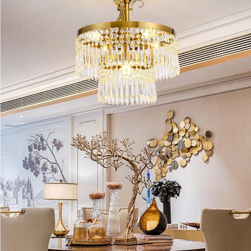 6 Bulbs 2-Layer Semi Flush Light Modernist Cut Crystal Close to Ceiling Lamp in Brass Clearhalo 'Ceiling Lights' 'Close To Ceiling Lights' 'Close to ceiling' 'Semi-flushmount' Lighting' 279026