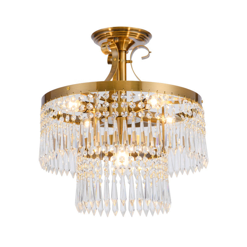 6 Bulbs 2-Layer Semi Flush Light Modernist Cut Crystal Close to Ceiling Lamp in Brass Clearhalo 'Ceiling Lights' 'Close To Ceiling Lights' 'Close to ceiling' 'Semi-flushmount' Lighting' 279027