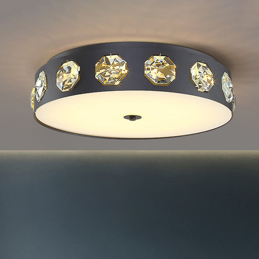 Minimalist Drum Shape Flush Light Beveled Crystal LED Living Room Ceiling Lighting in Grey, 18"/21.5" Dia Clearhalo 'Ceiling Lights' 'Close To Ceiling Lights' 'Close to ceiling' 'Flush mount' Lighting' 279392