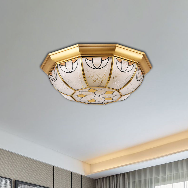 4 Lights Bowl Flush Mount Lighting Colonial Brass Frosted Glass Ceiling Light Fixture for Dining Room Brass Clearhalo 'Ceiling Lights' 'Close To Ceiling Lights' 'Close to ceiling' 'Flush mount' Lighting' 279406