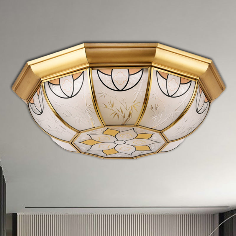 4 Lights Bowl Flush Mount Lighting Colonial Brass Frosted Glass Ceiling Light Fixture for Dining Room Clearhalo 'Ceiling Lights' 'Close To Ceiling Lights' 'Close to ceiling' 'Flush mount' Lighting' 279407