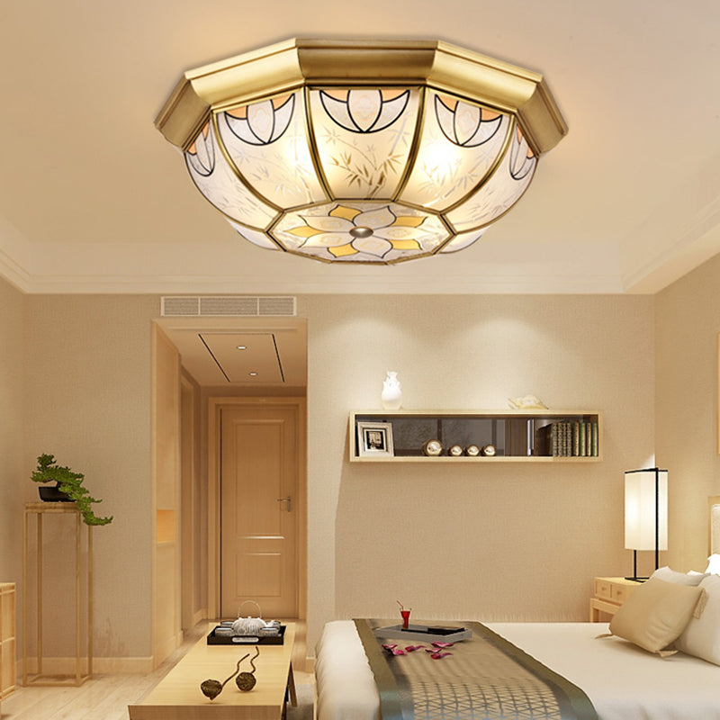 4 Lights Bowl Flush Mount Lighting Colonial Brass Frosted Glass Ceiling Light Fixture for Dining Room Clearhalo 'Ceiling Lights' 'Close To Ceiling Lights' 'Close to ceiling' 'Flush mount' Lighting' 279408