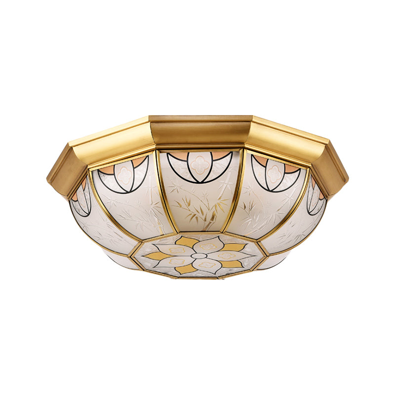 4 Lights Bowl Flush Mount Lighting Colonial Brass Frosted Glass Ceiling Light Fixture for Dining Room Clearhalo 'Ceiling Lights' 'Close To Ceiling Lights' 'Close to ceiling' 'Flush mount' Lighting' 279409