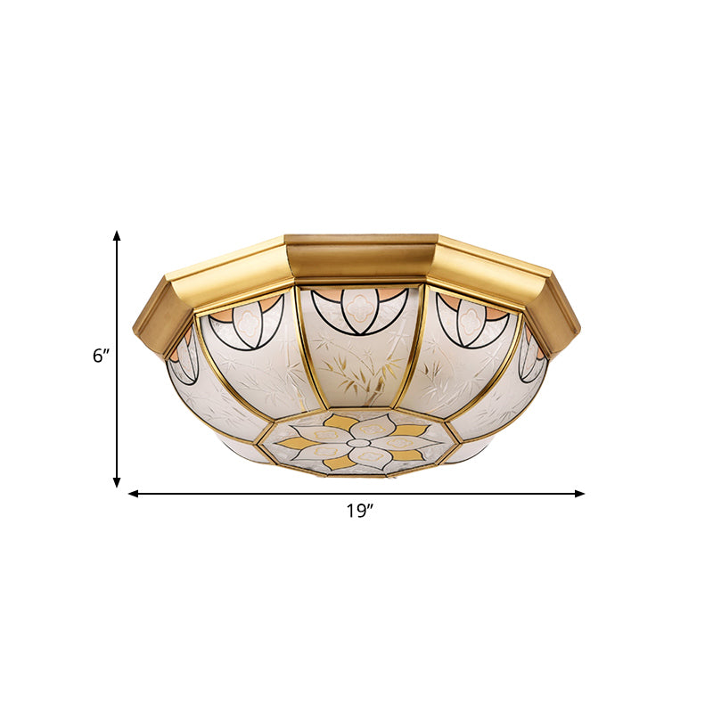 4 Lights Bowl Flush Mount Lighting Colonial Brass Frosted Glass Ceiling Light Fixture for Dining Room Clearhalo 'Ceiling Lights' 'Close To Ceiling Lights' 'Close to ceiling' 'Flush mount' Lighting' 279410