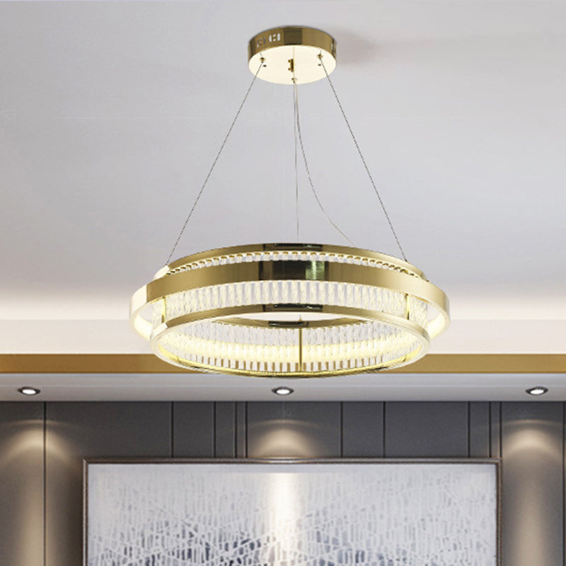 Postmodern Circle Pendant Light Crystal Rod LED Living Room Chandelier Light in Gold Gold Clearhalo 'Ceiling Lights' 'Chandeliers' 'Modern Chandeliers' 'Modern' Lighting' 279433