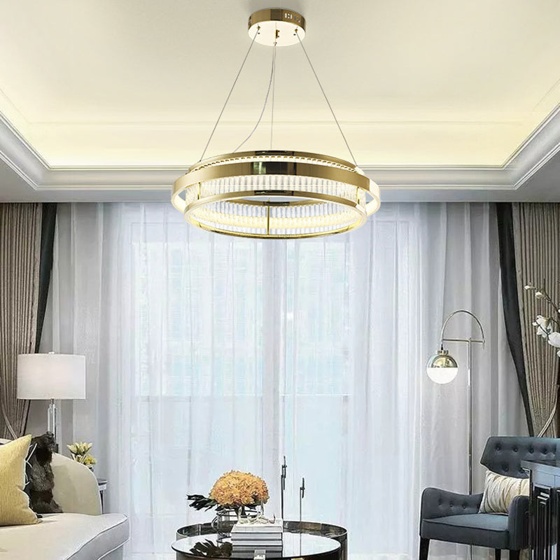 Postmodern Circle Pendant Light Crystal Rod LED Living Room Chandelier Light in Gold Clearhalo 'Ceiling Lights' 'Chandeliers' 'Modern Chandeliers' 'Modern' Lighting' 279436