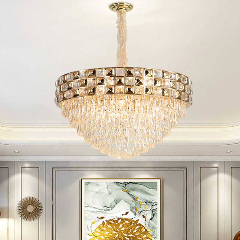 Tapered Ceiling Light Postmodern Crystal Block 19 Heads Gold Chandelier Lighting Fixture Gold Clearhalo 'Ceiling Lights' 'Chandeliers' 'Modern Chandeliers' 'Modern' Lighting' 279461