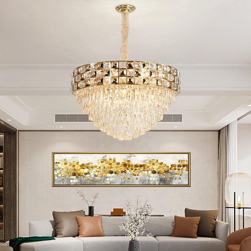 Tapered Ceiling Light Postmodern Crystal Block 19 Heads Gold Chandelier Lighting Fixture Clearhalo 'Ceiling Lights' 'Chandeliers' 'Modern Chandeliers' 'Modern' Lighting' 279464