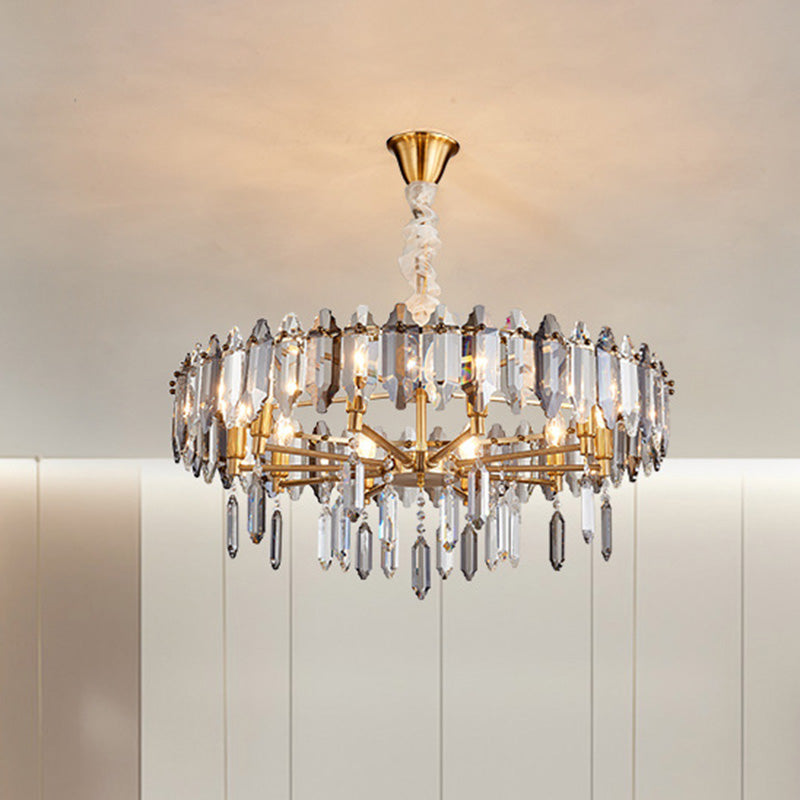 Circle Crystal Drop Pendant Light Fixture Postmodern 8/10 Heads Gold Ceiling Chandelier 8 Gold Clearhalo 'Ceiling Lights' 'Chandeliers' 'Modern Chandeliers' 'Modern' Lighting' 279481