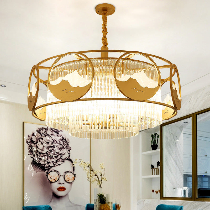 Postmodern 8 Lights Ceiling Pendant Gold Square/Round Chandelier Lamp with Crystal Rod Shade Gold Round Clearhalo 'Ceiling Lights' 'Chandeliers' 'Modern Chandeliers' 'Modern' Lighting' 279495