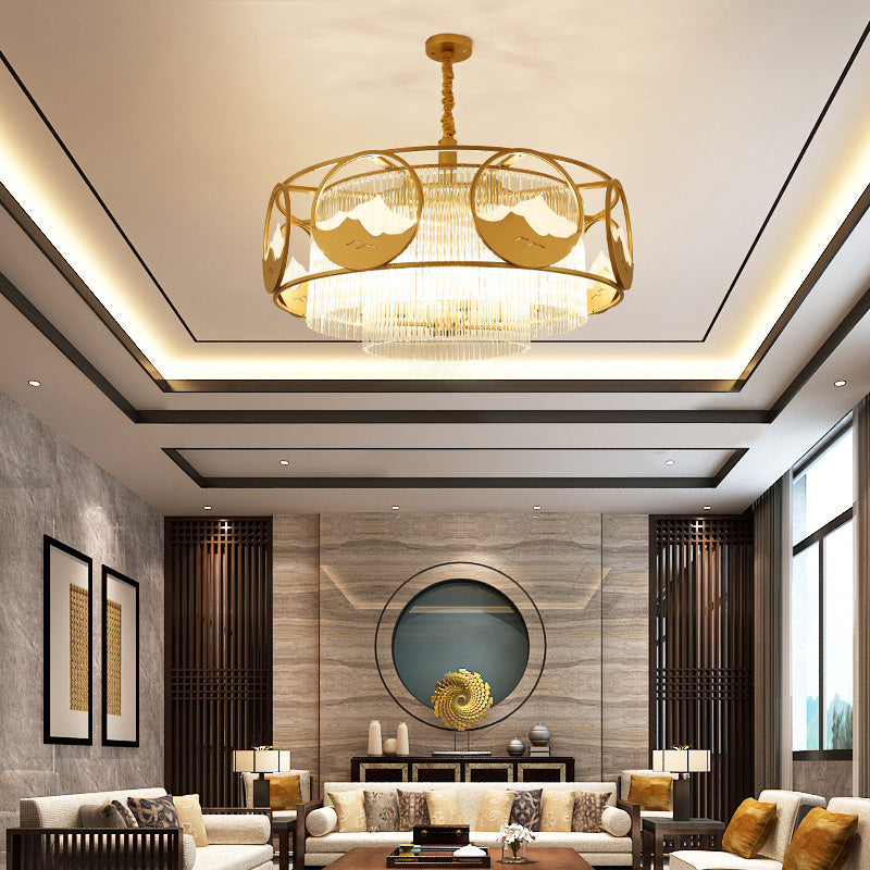 Postmodern 8 Lights Ceiling Pendant Gold Square/Round Chandelier Lamp with Crystal Rod Shade Clearhalo 'Ceiling Lights' 'Chandeliers' 'Modern Chandeliers' 'Modern' Lighting' 279498