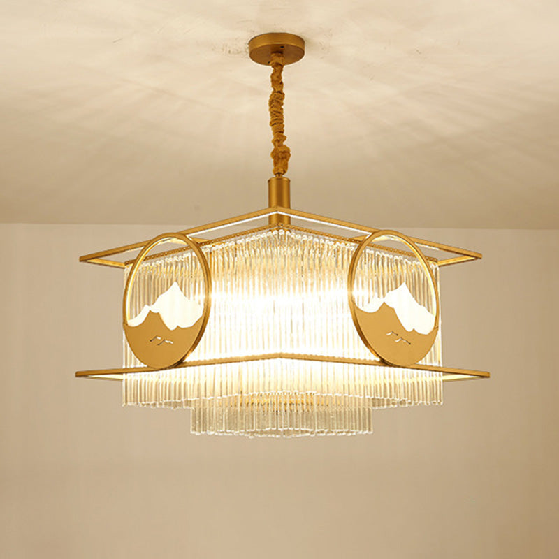 Postmodern 8 Lights Ceiling Pendant Gold Square/Round Chandelier Lamp with Crystal Rod Shade Clearhalo 'Ceiling Lights' 'Chandeliers' 'Modern Chandeliers' 'Modern' Lighting' 279502