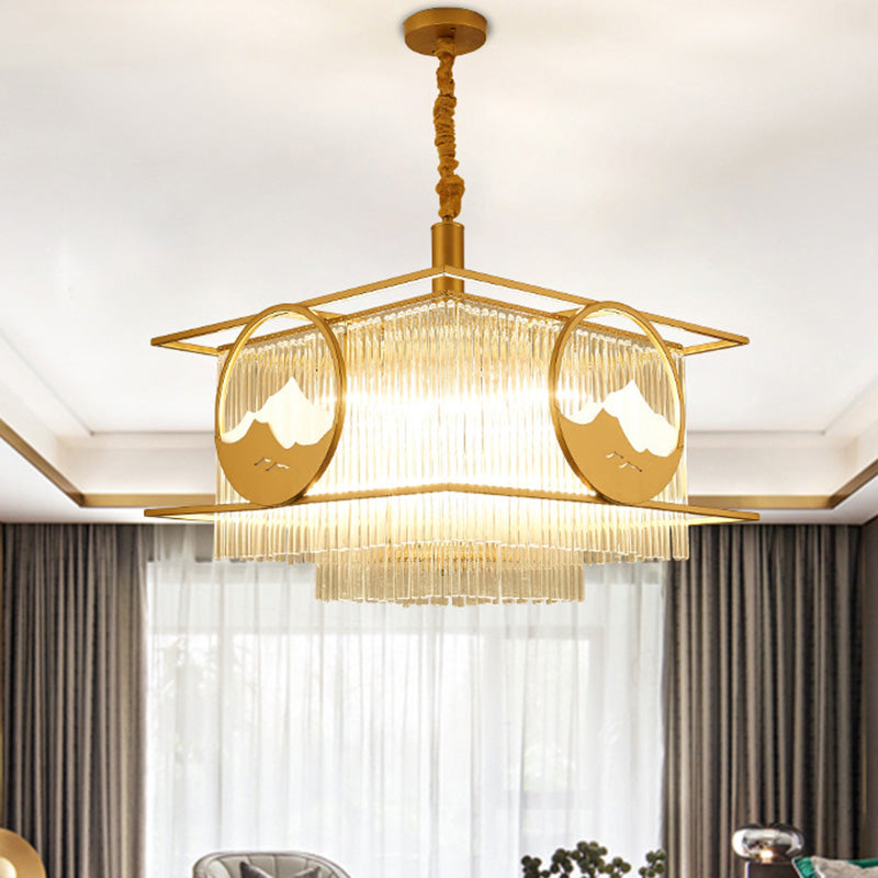 Postmodern 8 Lights Ceiling Pendant Gold Square/Round Chandelier Lamp with Crystal Rod Shade Gold Square Plate Clearhalo 'Ceiling Lights' 'Chandeliers' 'Modern Chandeliers' 'Modern' Lighting' 279503