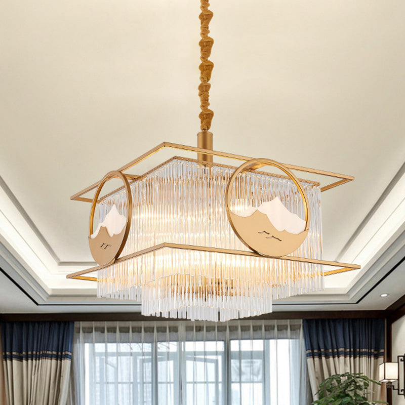 Postmodern 8 Lights Ceiling Pendant Gold Square/Round Chandelier Lamp with Crystal Rod Shade Clearhalo 'Ceiling Lights' 'Chandeliers' 'Modern Chandeliers' 'Modern' Lighting' 279504