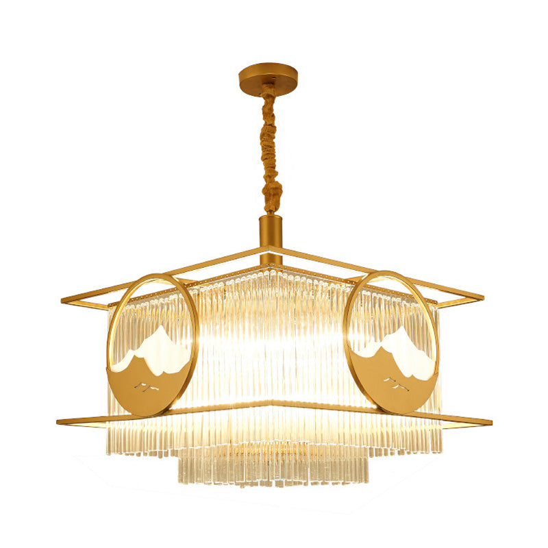 Postmodern 8 Lights Ceiling Pendant Gold Square/Round Chandelier Lamp with Crystal Rod Shade Clearhalo 'Ceiling Lights' 'Chandeliers' 'Modern Chandeliers' 'Modern' Lighting' 279506