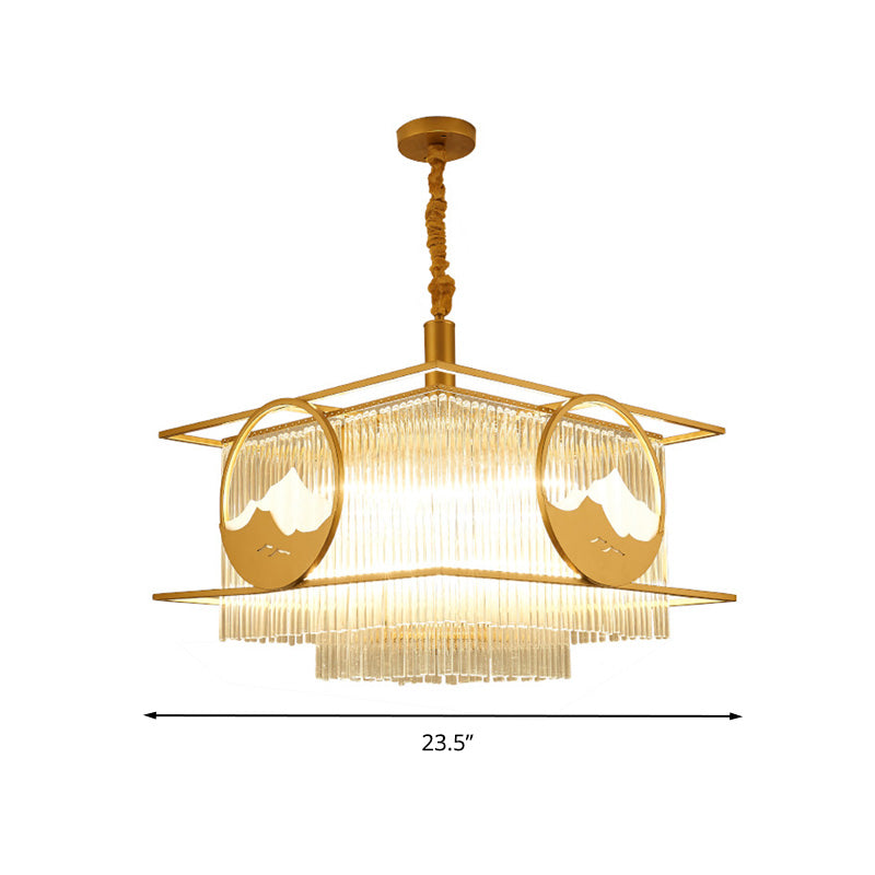 Postmodern 8 Lights Ceiling Pendant Gold Square/Round Chandelier Lamp with Crystal Rod Shade Clearhalo 'Ceiling Lights' 'Chandeliers' 'Modern Chandeliers' 'Modern' Lighting' 279507