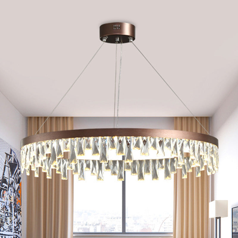 Ring Living Room Hanging Chandelier Light Crystal Block LED Contemporary Suspension Light in Brown, 16"/23.5"/31.5" Wide Brown 31.5" Clearhalo 'Ceiling Lights' 'Chandeliers' 'Modern Chandeliers' 'Modern' Lighting' 279515