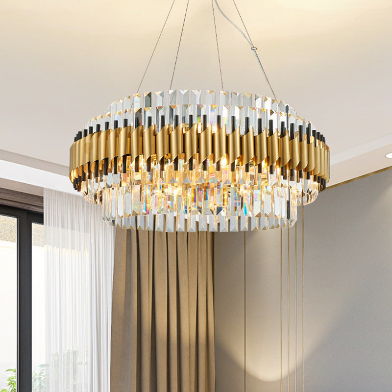 Postmodern 12 Heads Ceiling Pendant Light Gold Drum Chandelier Lamp with Three Sided Crystal Rod Shade Gold Clearhalo 'Ceiling Lights' 'Chandeliers' 'Modern Chandeliers' 'Modern' Lighting' 279547