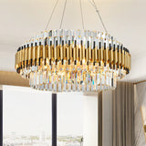 Postmodern 12 Heads Ceiling Pendant Light Gold Drum Chandelier Lamp with Three Sided Crystal Rod Shade Clearhalo 'Ceiling Lights' 'Chandeliers' 'Modern Chandeliers' 'Modern' Lighting' 279548