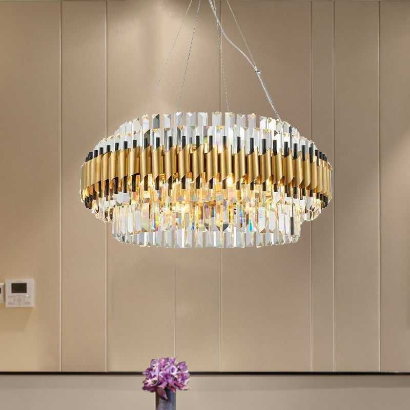 Postmodern 12 Heads Ceiling Pendant Light Gold Drum Chandelier Lamp with Three Sided Crystal Rod Shade Clearhalo 'Ceiling Lights' 'Chandeliers' 'Modern Chandeliers' 'Modern' Lighting' 279549