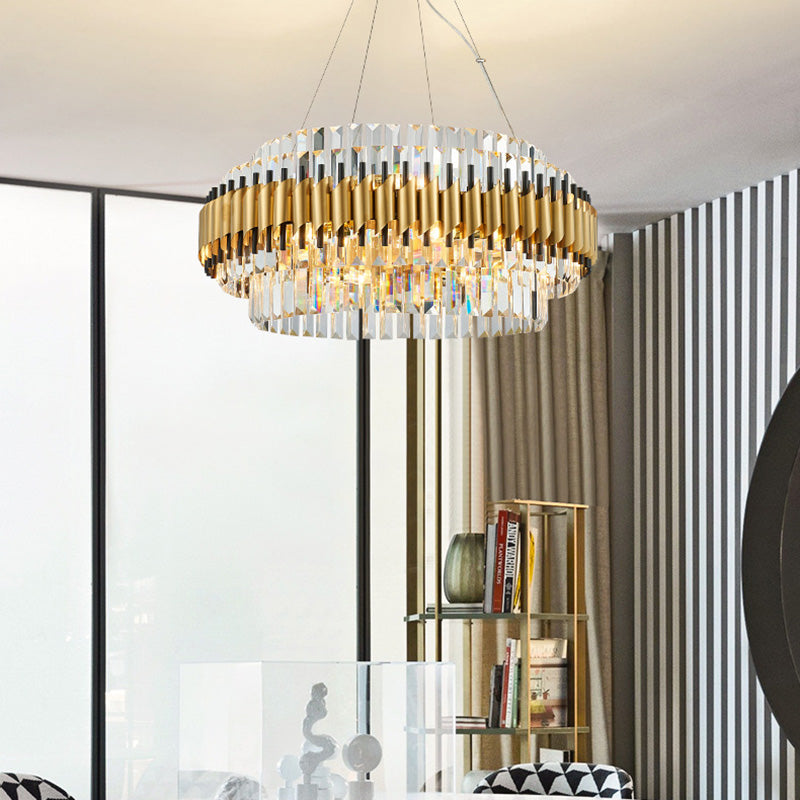 Postmodern 12 Heads Ceiling Pendant Light Gold Drum Chandelier Lamp with Three Sided Crystal Rod Shade Clearhalo 'Ceiling Lights' 'Chandeliers' 'Modern Chandeliers' 'Modern' Lighting' 279550