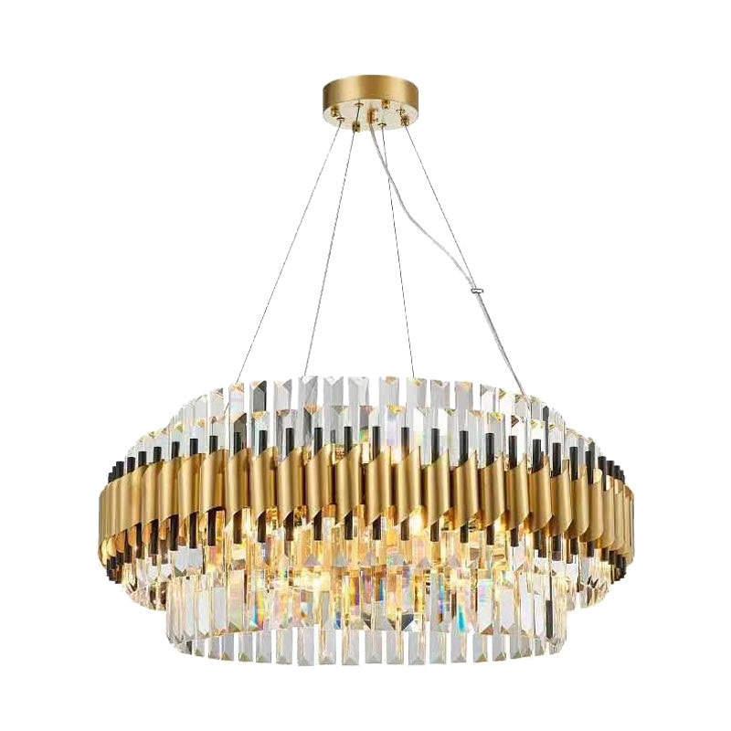 Postmodern 12 Heads Ceiling Pendant Light Gold Drum Chandelier Lamp with Three Sided Crystal Rod Shade Clearhalo 'Ceiling Lights' 'Chandeliers' 'Modern Chandeliers' 'Modern' Lighting' 279551