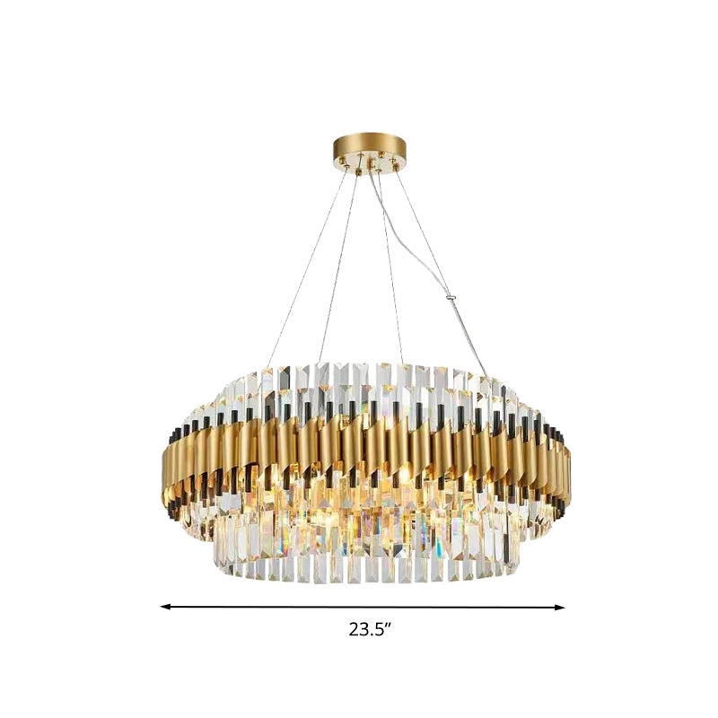 Postmodern 12 Heads Ceiling Pendant Light Gold Drum Chandelier Lamp with Three Sided Crystal Rod Shade Clearhalo 'Ceiling Lights' 'Chandeliers' 'Modern Chandeliers' 'Modern' Lighting' 279552