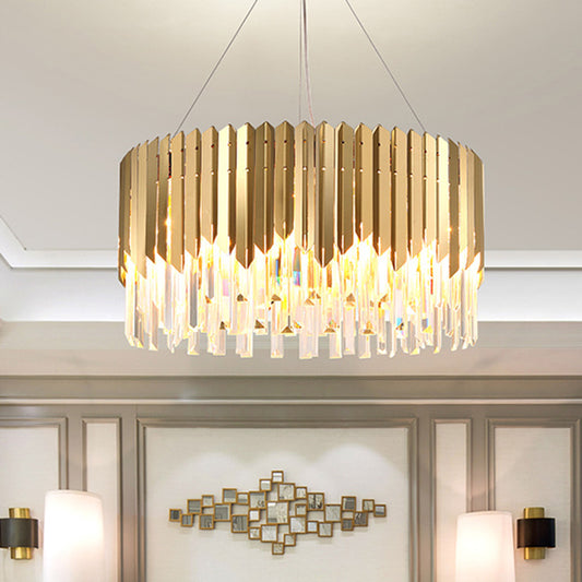 Tri-Sided Crystal Rod Drum Hanging Light Postmodern 6 Heads Gold Chandelier Pendant Light Gold Clearhalo 'Ceiling Lights' 'Chandeliers' 'Modern Chandeliers' 'Modern' Lighting' 279554