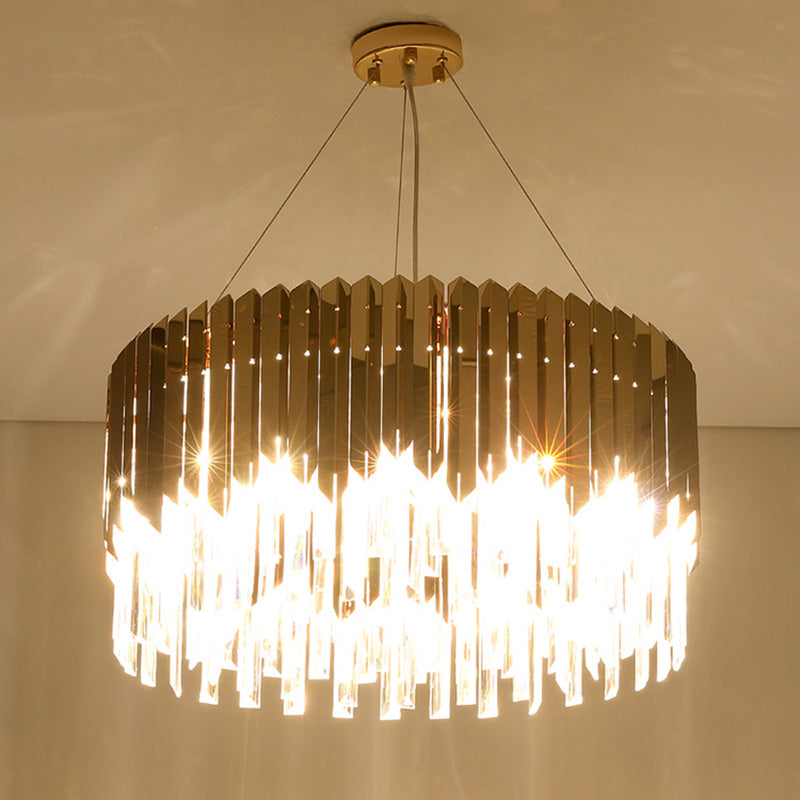 Tri-Sided Crystal Rod Drum Hanging Light Postmodern 6 Heads Gold Chandelier Pendant Light Clearhalo 'Ceiling Lights' 'Chandeliers' 'Modern Chandeliers' 'Modern' Lighting' 279555