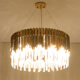 Tri-Sided Crystal Rod Drum Hanging Light Postmodern 6 Heads Gold Chandelier Pendant Light Clearhalo 'Ceiling Lights' 'Chandeliers' 'Modern Chandeliers' 'Modern' Lighting' 279555