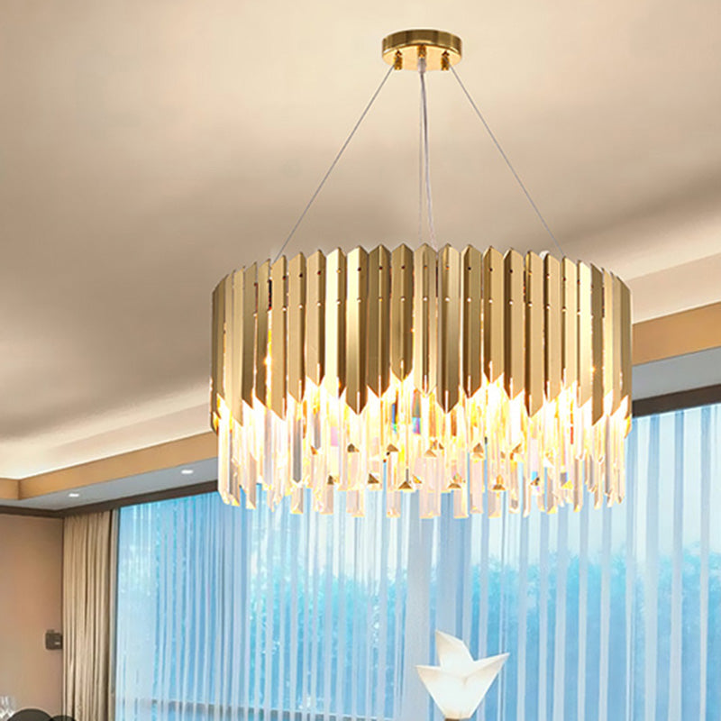 Tri-Sided Crystal Rod Drum Hanging Light Postmodern 6 Heads Gold Chandelier Pendant Light Clearhalo 'Ceiling Lights' 'Chandeliers' 'Modern Chandeliers' 'Modern' Lighting' 279556