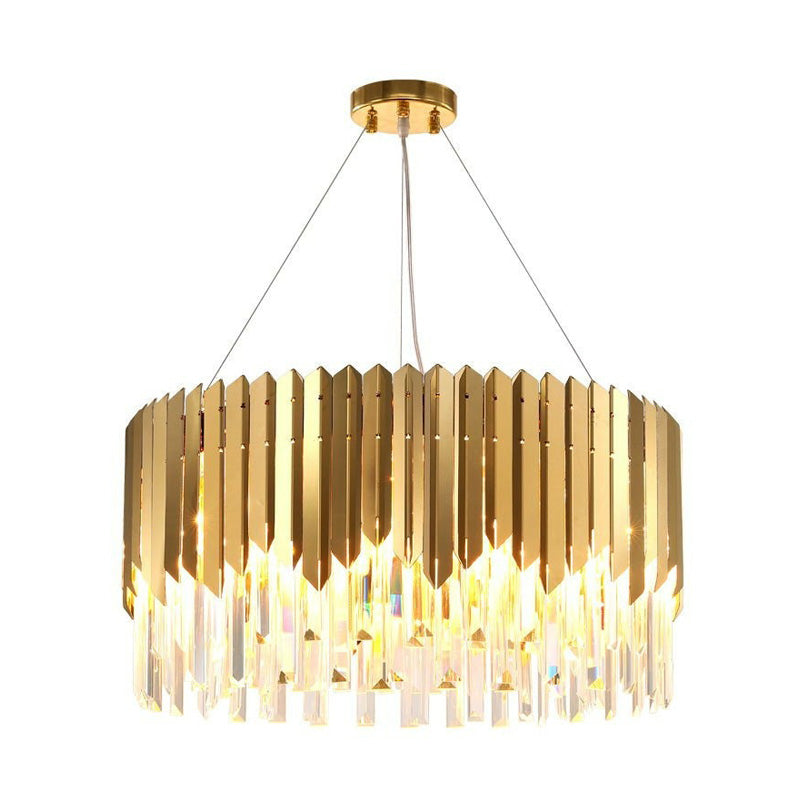 Tri-Sided Crystal Rod Drum Hanging Light Postmodern 6 Heads Gold Chandelier Pendant Light Clearhalo 'Ceiling Lights' 'Chandeliers' 'Modern Chandeliers' 'Modern' Lighting' 279558