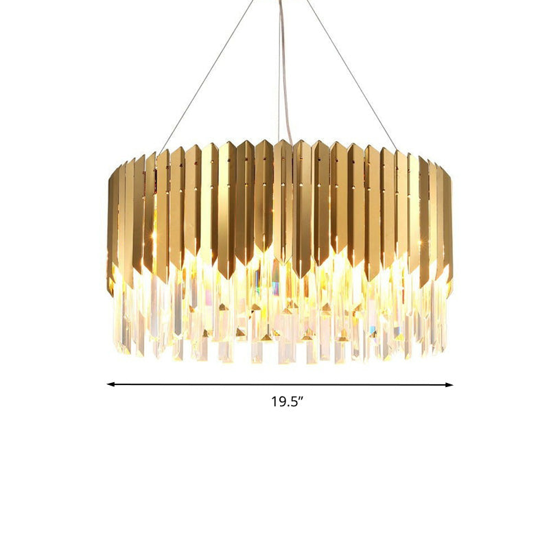 Tri-Sided Crystal Rod Drum Hanging Light Postmodern 6 Heads Gold Chandelier Pendant Light Clearhalo 'Ceiling Lights' 'Chandeliers' 'Modern Chandeliers' 'Modern' Lighting' 279559