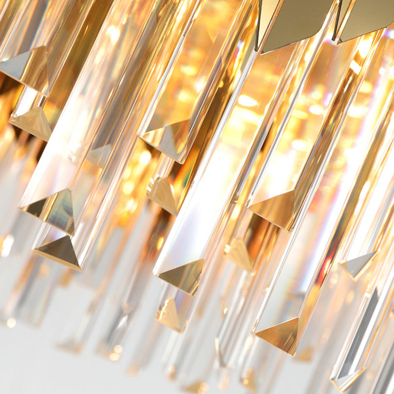 Tri-Sided Crystal Rod Drum Hanging Light Postmodern 6 Heads Gold Chandelier Pendant Light Clearhalo 'Ceiling Lights' 'Chandeliers' 'Modern Chandeliers' 'Modern' Lighting' 279560