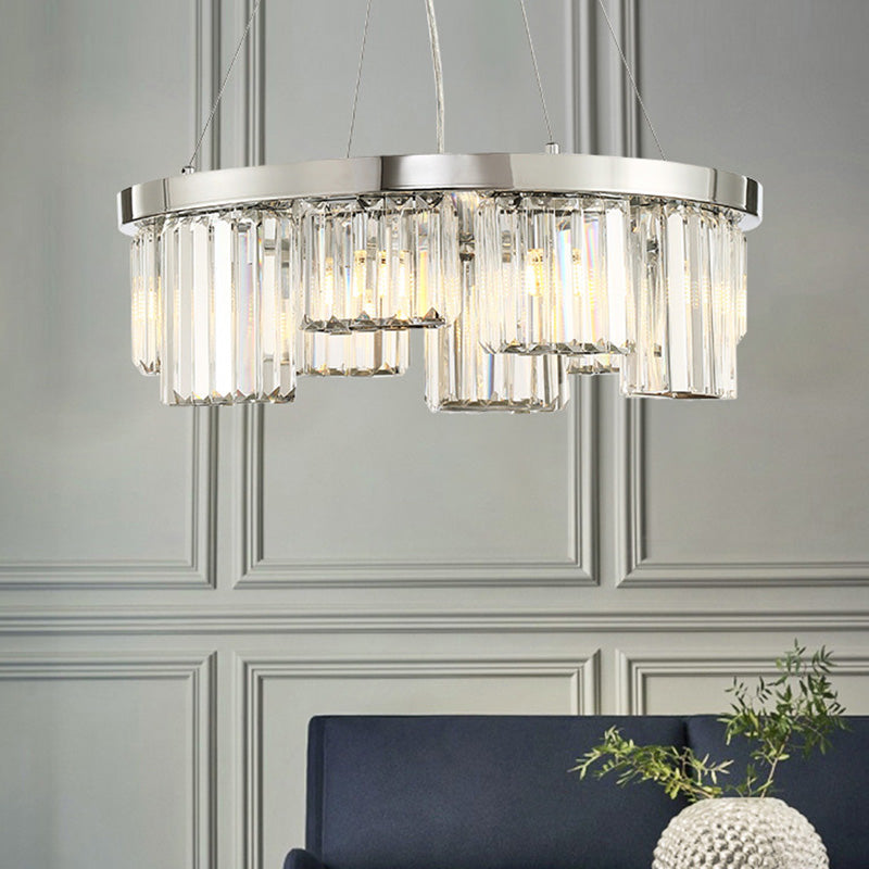 Chrome Cylinder Ceiling Chandelier Simple 10 Lights Rectangular-Cut Crystal Hanging Lamp kit Chrome Clearhalo 'Ceiling Lights' 'Chandeliers' 'Modern Chandeliers' 'Modern' Lighting' 279561