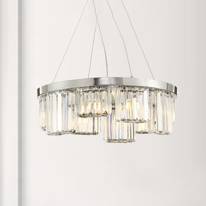 Chrome Cylinder Ceiling Chandelier Simple 10 Lights Rectangular-Cut Crystal Hanging Lamp kit Clearhalo 'Ceiling Lights' 'Chandeliers' 'Modern Chandeliers' 'Modern' Lighting' 279562