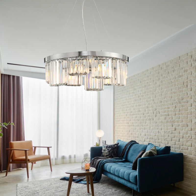 Chrome Cylinder Ceiling Chandelier Simple 10 Lights Rectangular-Cut Crystal Hanging Lamp kit Clearhalo 'Ceiling Lights' 'Chandeliers' 'Modern Chandeliers' 'Modern' Lighting' 279564