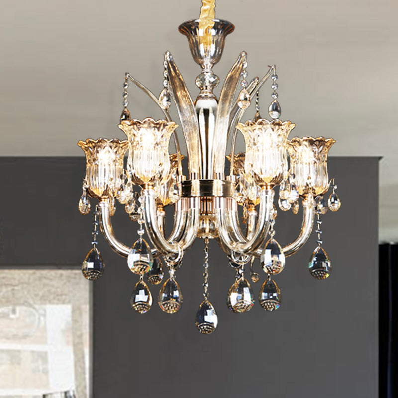 Bell Living Room Chandelier Lamp Traditional Crystal Drop 6/8 Lights Chrome Hanging Ceiling Light Clearhalo 'Ceiling Lights' 'Chandeliers' Lighting' options 279575