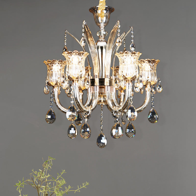 Bell Living Room Chandelier Lamp Traditional Crystal Drop 6/8 Lights Chrome Hanging Ceiling Light Clearhalo 'Ceiling Lights' 'Chandeliers' Lighting' options 279577