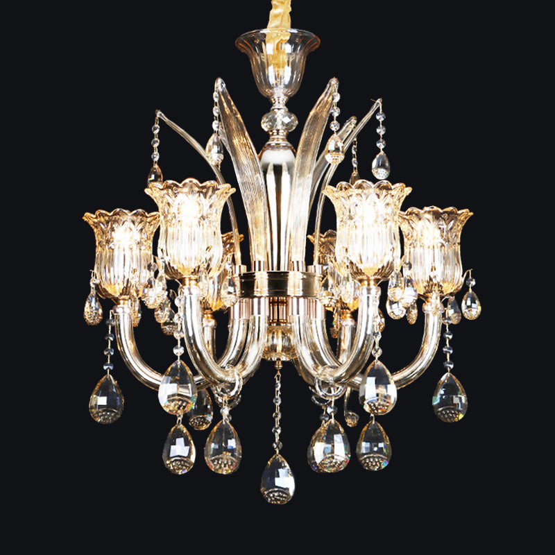 Bell Living Room Chandelier Lamp Traditional Crystal Drop 6/8 Lights Chrome Hanging Ceiling Light Clearhalo 'Ceiling Lights' 'Chandeliers' Lighting' options 279579