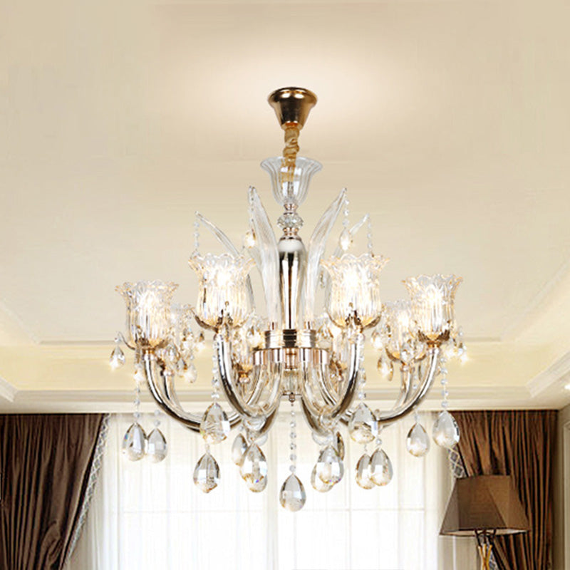 Bell Living Room Chandelier Lamp Traditional Crystal Drop 6/8 Lights Chrome Hanging Ceiling Light Clearhalo 'Ceiling Lights' 'Chandeliers' Lighting' options 279583