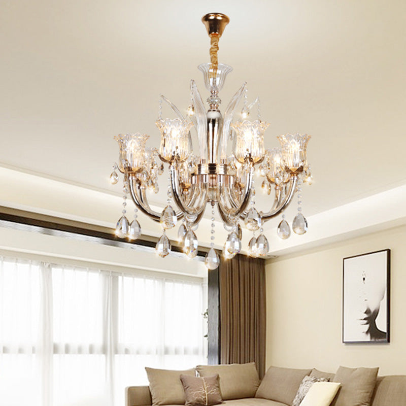 Bell Living Room Chandelier Lamp Traditional Crystal Drop 6/8 Lights Chrome Hanging Ceiling Light Clearhalo 'Ceiling Lights' 'Chandeliers' Lighting' options 279584