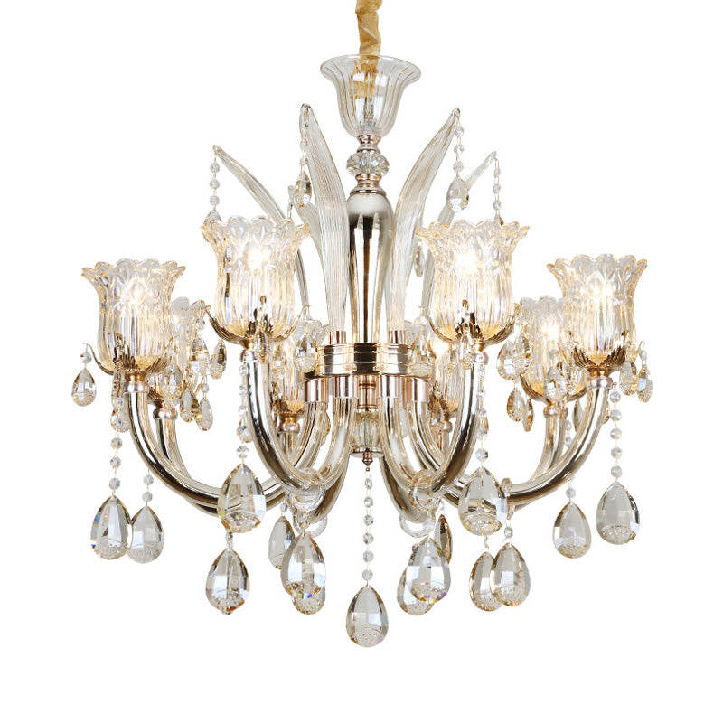 Bell Living Room Chandelier Lamp Traditional Crystal Drop 6/8 Lights Chrome Hanging Ceiling Light Clearhalo 'Ceiling Lights' 'Chandeliers' Lighting' options 279585