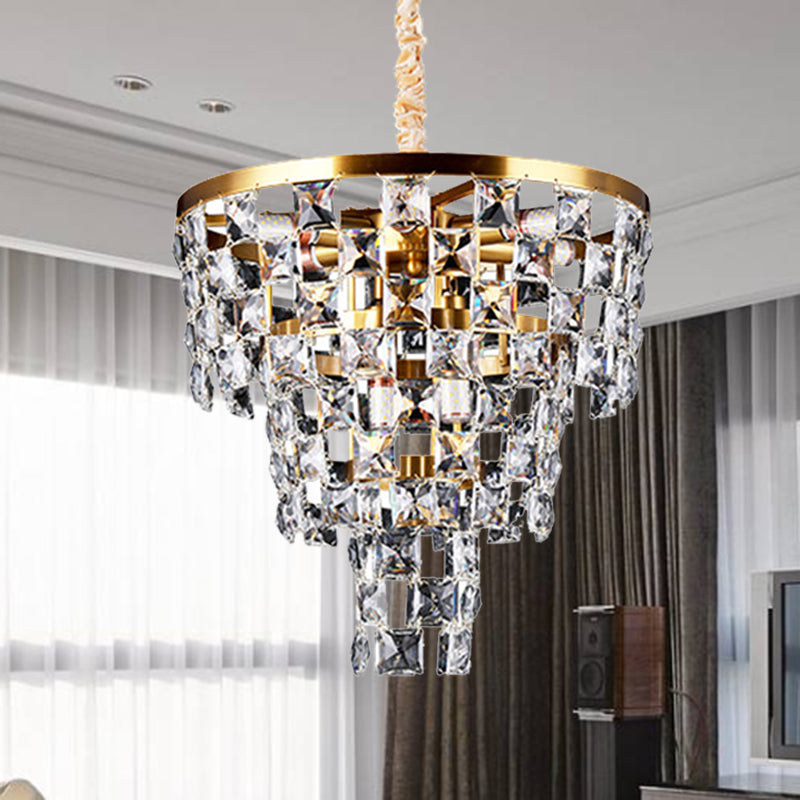 Gold Tapered Chandelier Lighting Postmodern 8/11 Lights K9 Crystal Ceiling Suspension Lamp 8 Gold Clearhalo 'Ceiling Lights' 'Chandeliers' 'Modern Chandeliers' 'Modern' Lighting' 279606