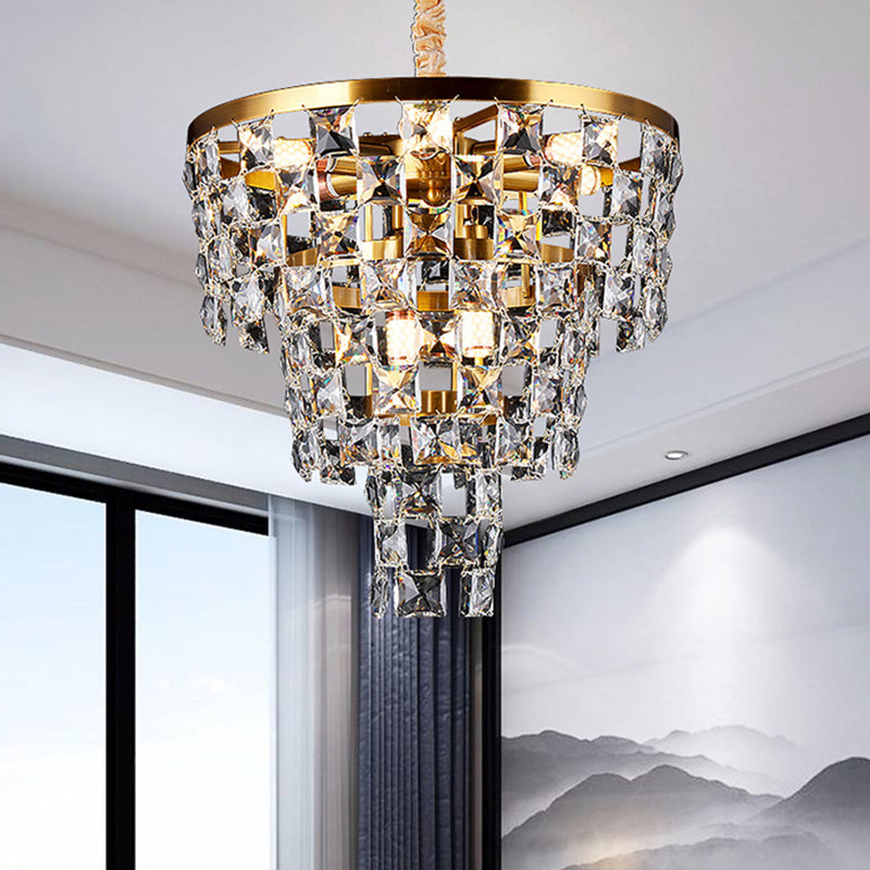 Gold Tapered Chandelier Lighting Postmodern 8/11 Lights K9 Crystal Ceiling Suspension Lamp Clearhalo 'Ceiling Lights' 'Chandeliers' 'Modern Chandeliers' 'Modern' Lighting' 279607