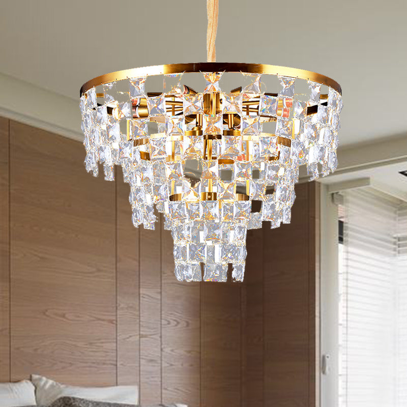 Gold Tapered Chandelier Lighting Postmodern 8/11 Lights K9 Crystal Ceiling Suspension Lamp 11 Gold Clearhalo 'Ceiling Lights' 'Chandeliers' 'Modern Chandeliers' 'Modern' Lighting' 279612