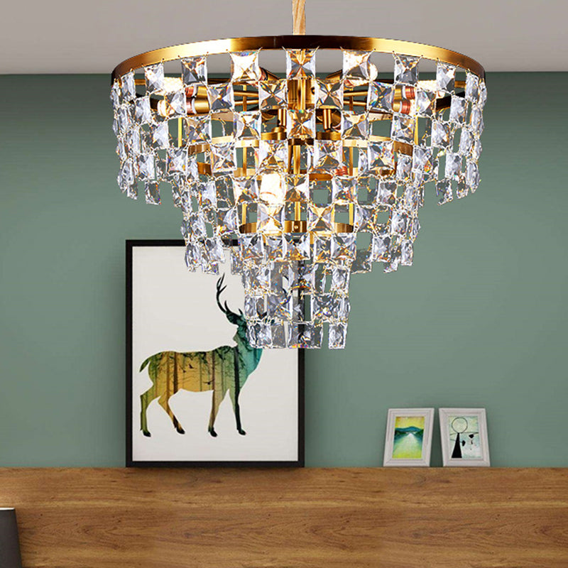 Gold Tapered Chandelier Lighting Postmodern 8/11 Lights K9 Crystal Ceiling Suspension Lamp Clearhalo 'Ceiling Lights' 'Chandeliers' 'Modern Chandeliers' 'Modern' Lighting' 279613